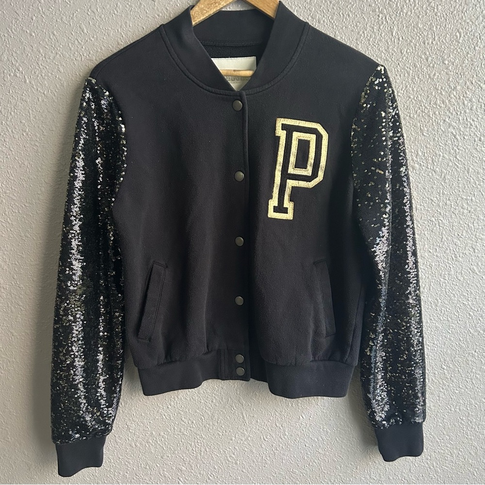 Victoria's Secret PINK Black Sequin Sleeve‎ Preppy Varsity Jacket Limited Edtn